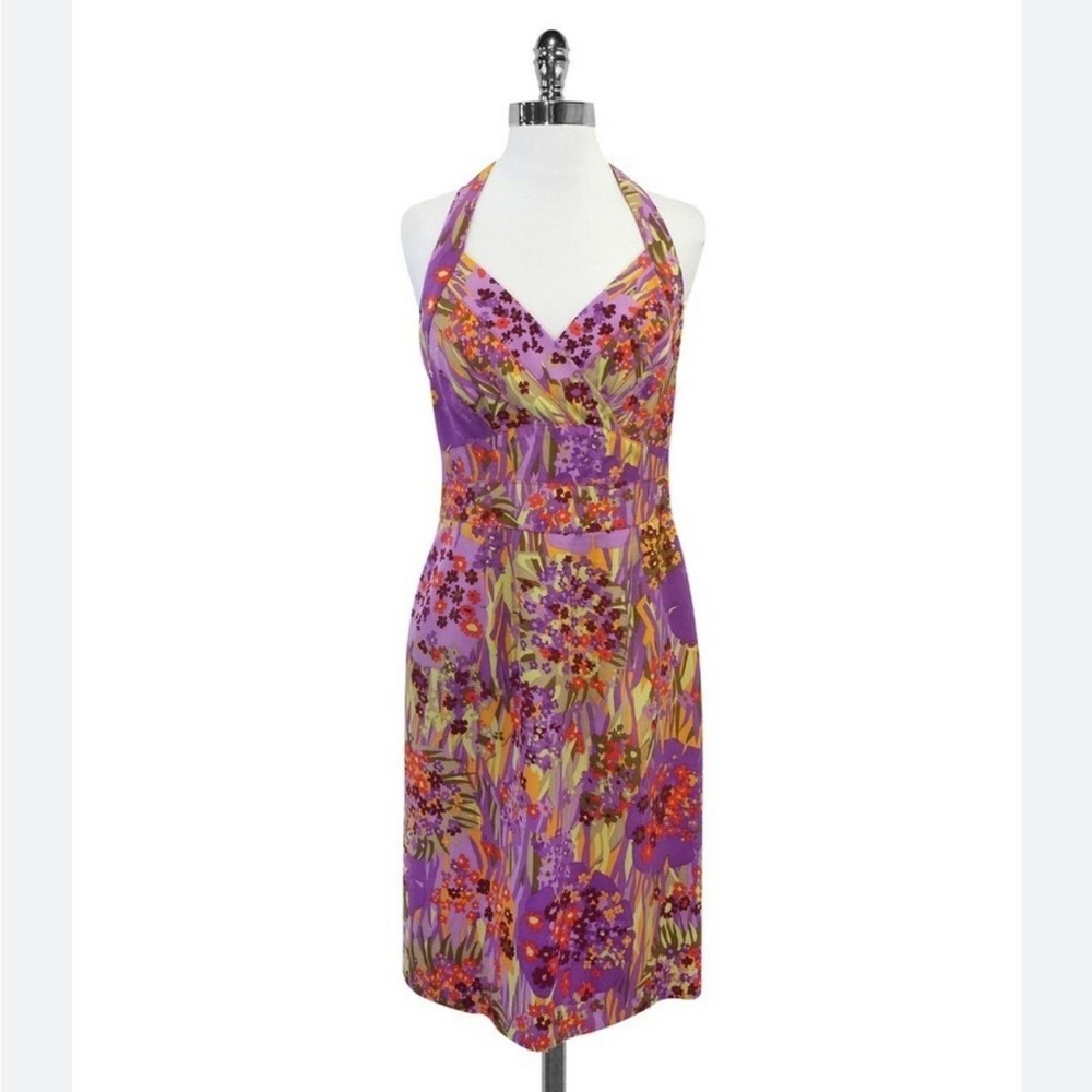 Kay Unger New York Vintage Purple Floral Silk Halter Midi Dress